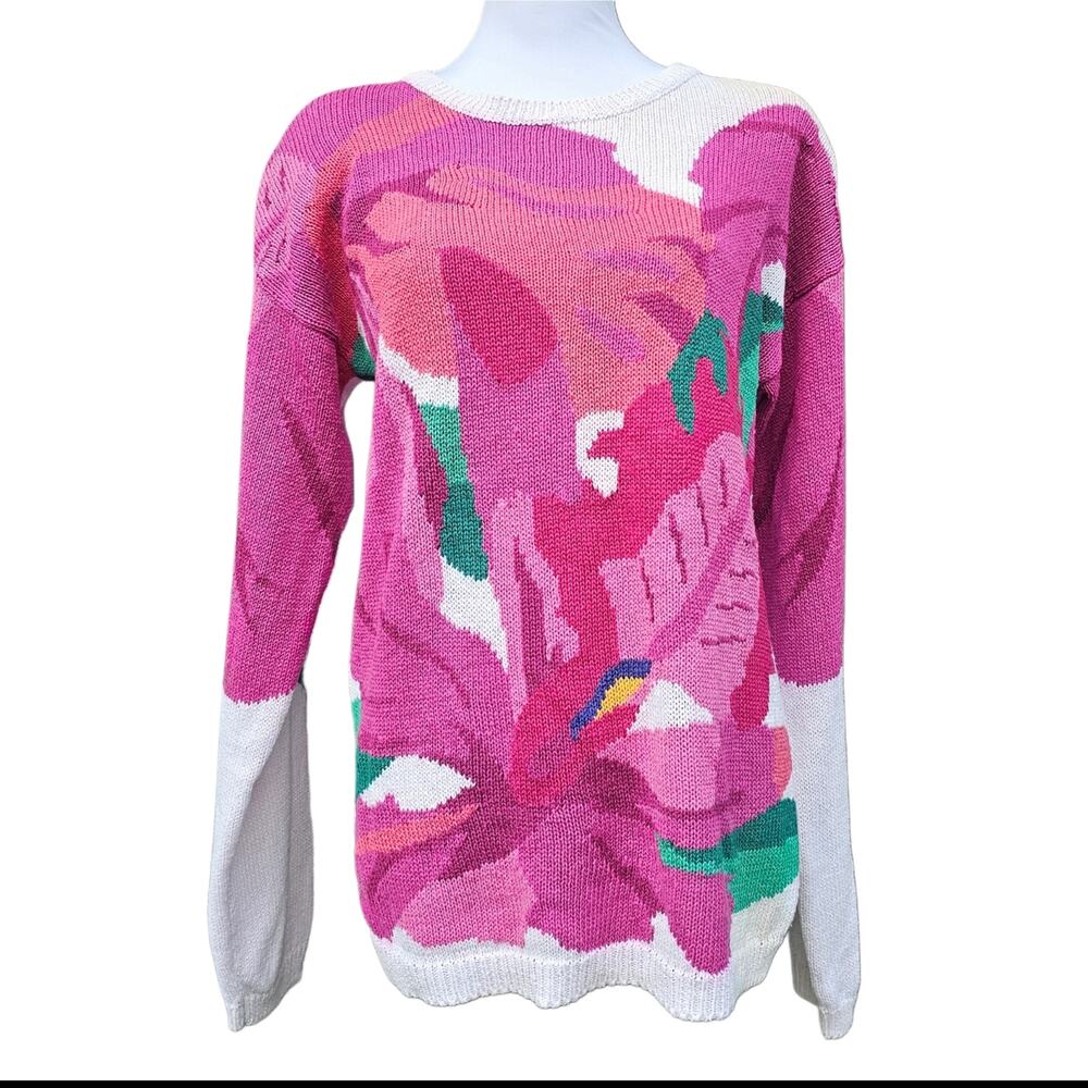Bright Pink Floral Sweater Pierre Cardin Size S White Flower Vintage Colorful
